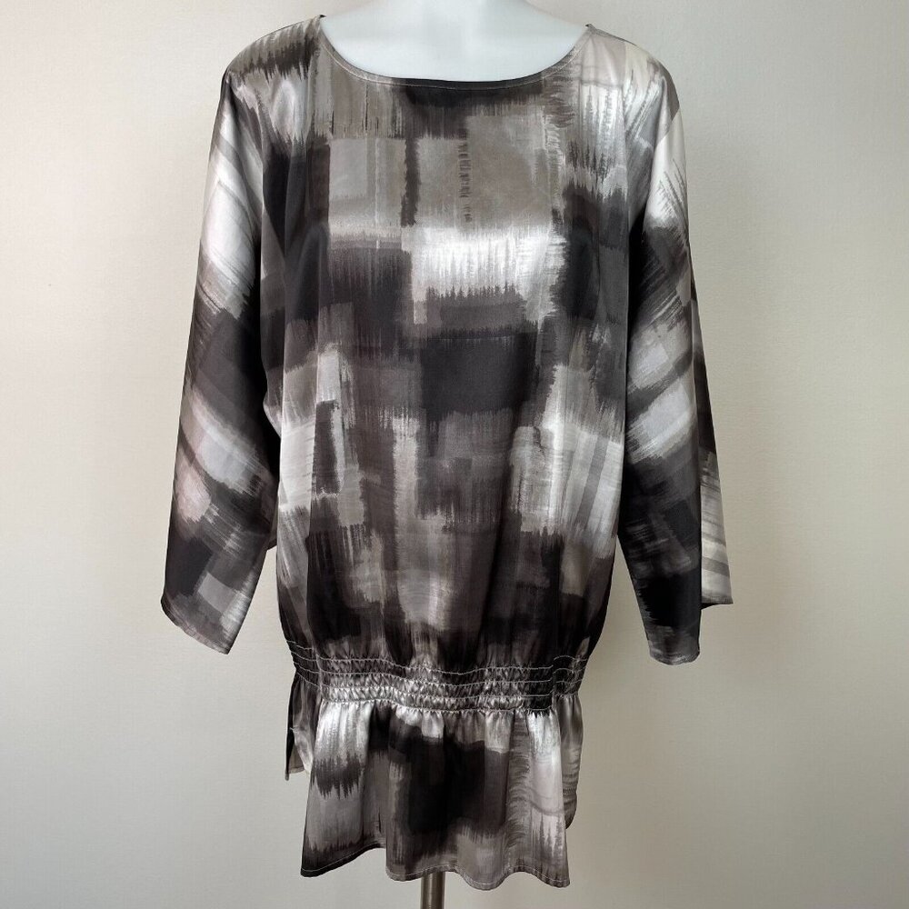 Chico's Top 1 Women's Medium‎ Gray Satin Elastic Waist 3/4 Sleeve Blouse